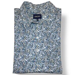 Liberty of London UK Cornflower Blue Short Sleeve Cotton Collar Shirt Blouse Top